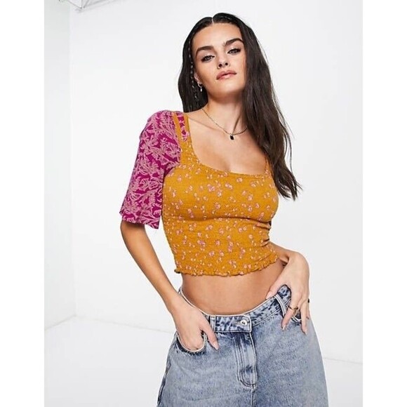 Free People Tops - Free People Size Small Crop Cinched Marigold Top shirred body blouse Pink Sleeve